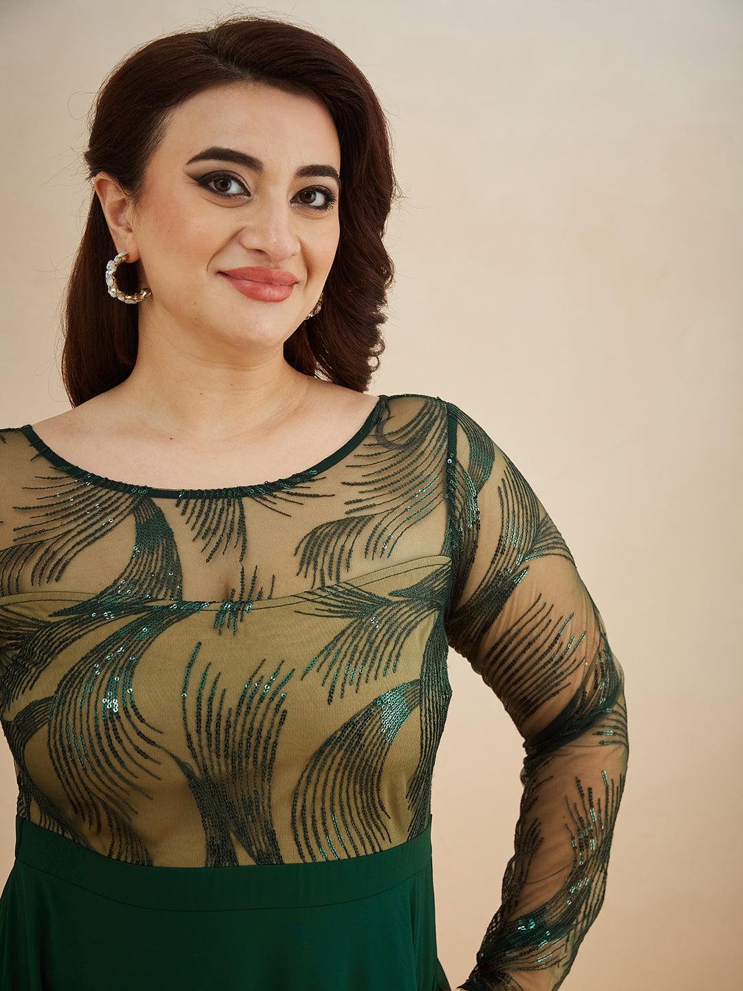 Green & Beige Solid Embellished Maxi Dress for Women