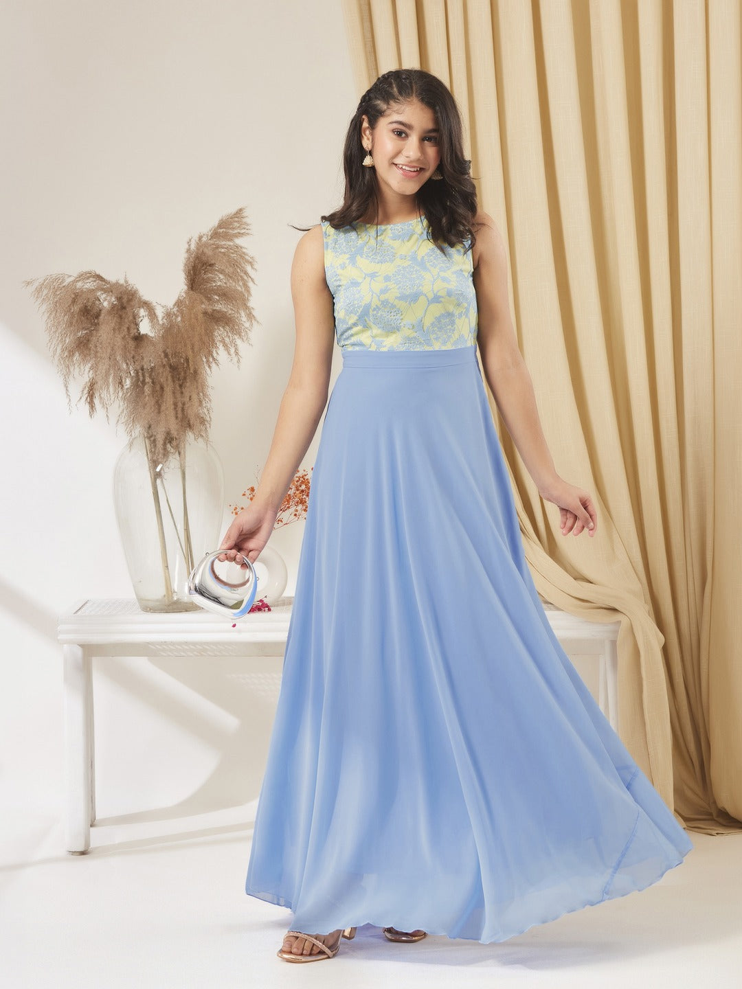Sky Blue Round Neck Sleeveless Georgette & Lace Floral Fit & Flare Maxi Dress for Girls/Teenagers