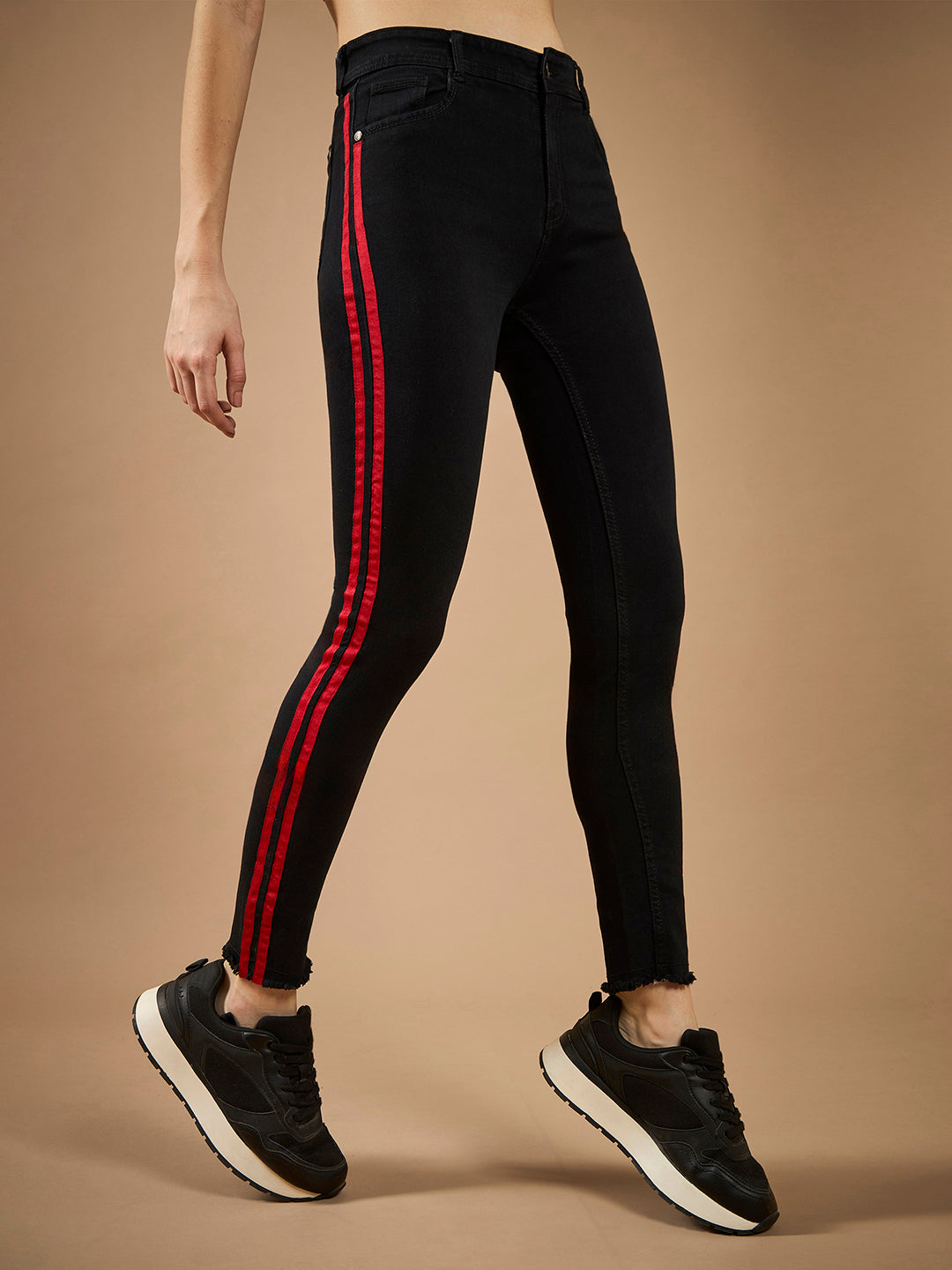 Women's Black Slim Fit High-Rise Clean-Look Regular-Length twill Tape Detailing Stretchable Denim Jeans