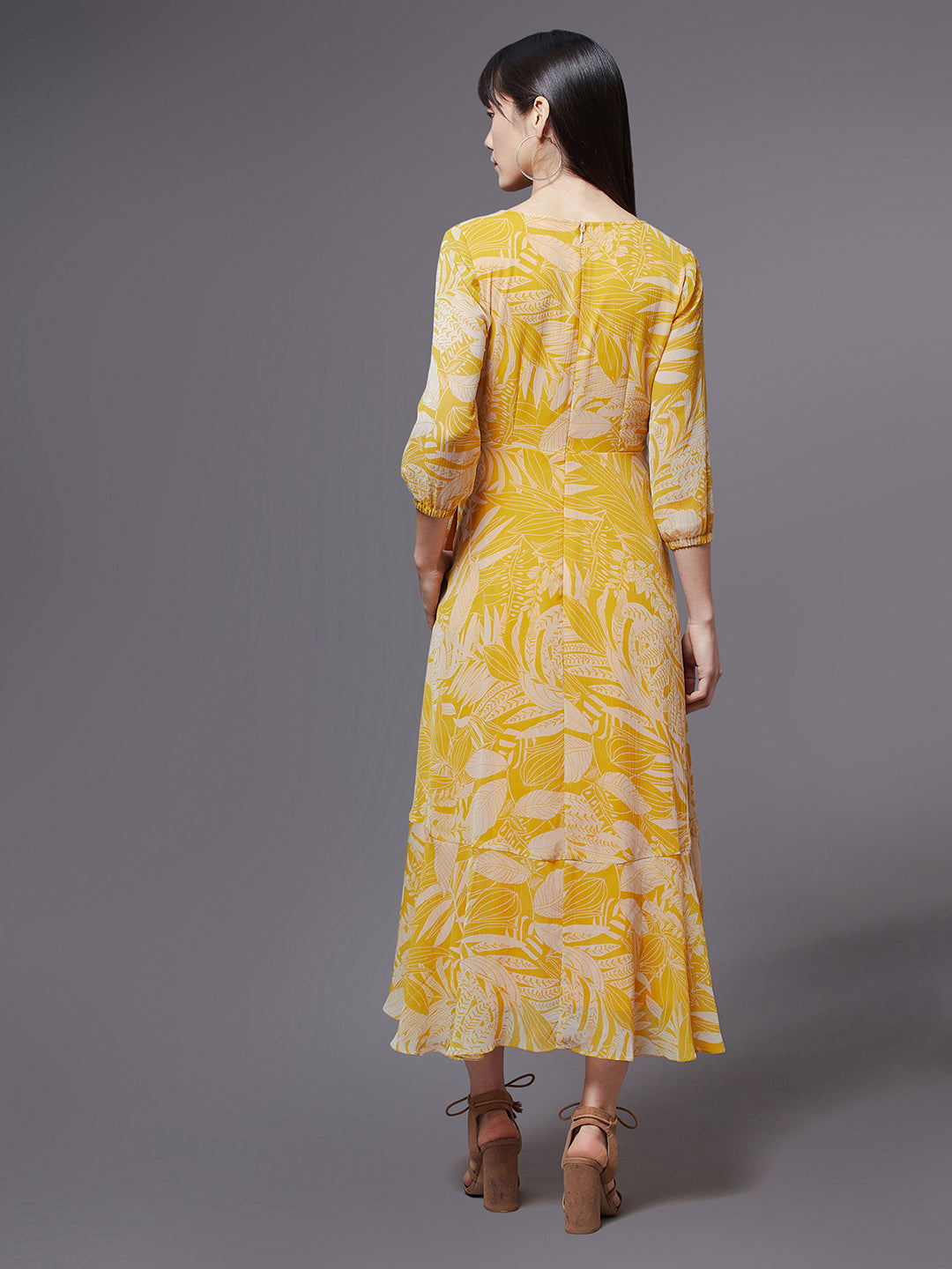 Women's Yellow & White V-Neck Full Sleeve Floral Layered Maxi Dress