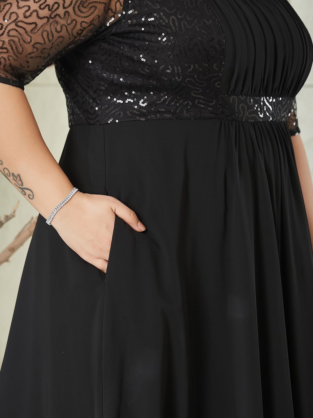 Black Square Neck Half Sleeve Solid Embellished Maxi Dress for Women