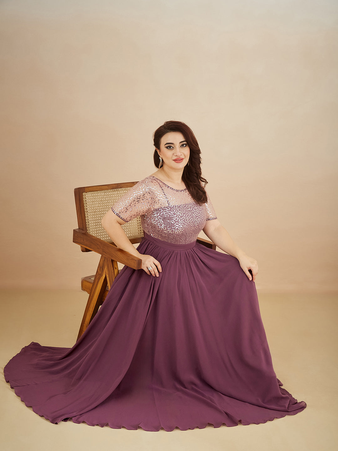 Mauve Relaxed Fit Maxi Georgette & Sequins Dress for Women