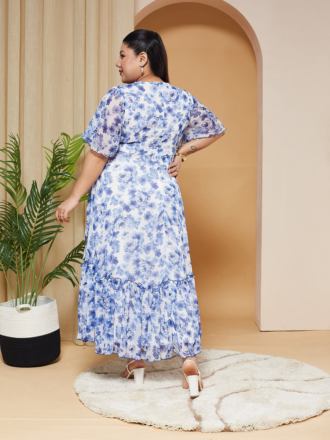 Multicolored Floral Wrap Chiffon Maxi Dress with White Base & Flutter-Sleeves for Women