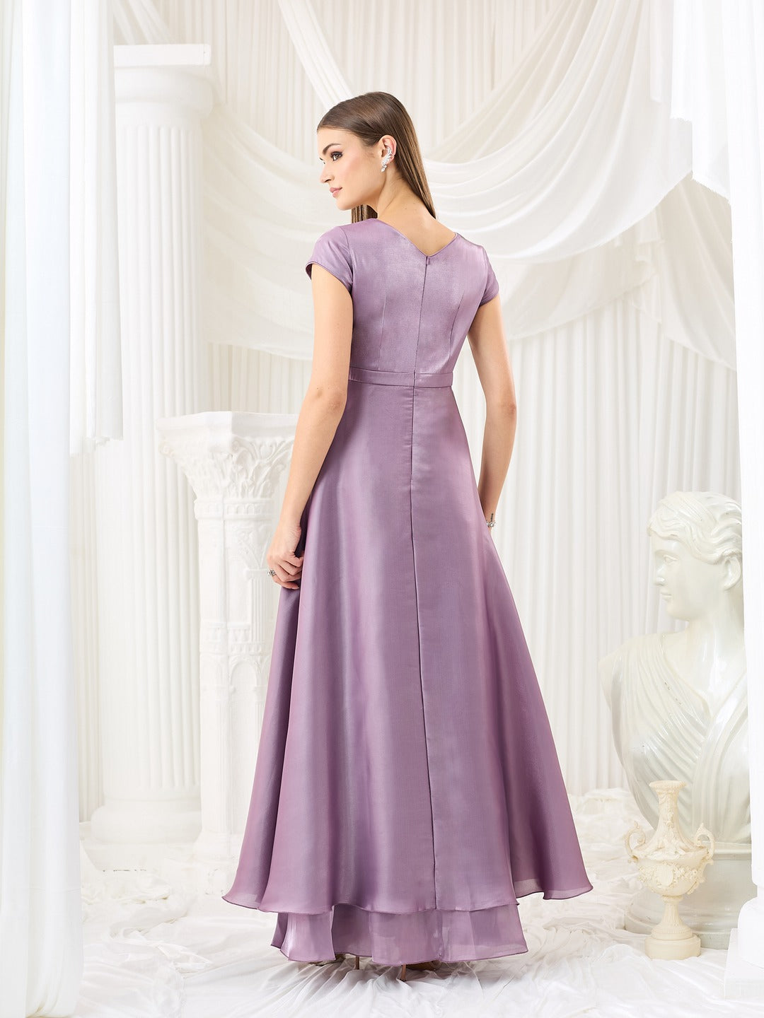 Embroidered Gown in Dusty Purple Layered Premium Satin for Women