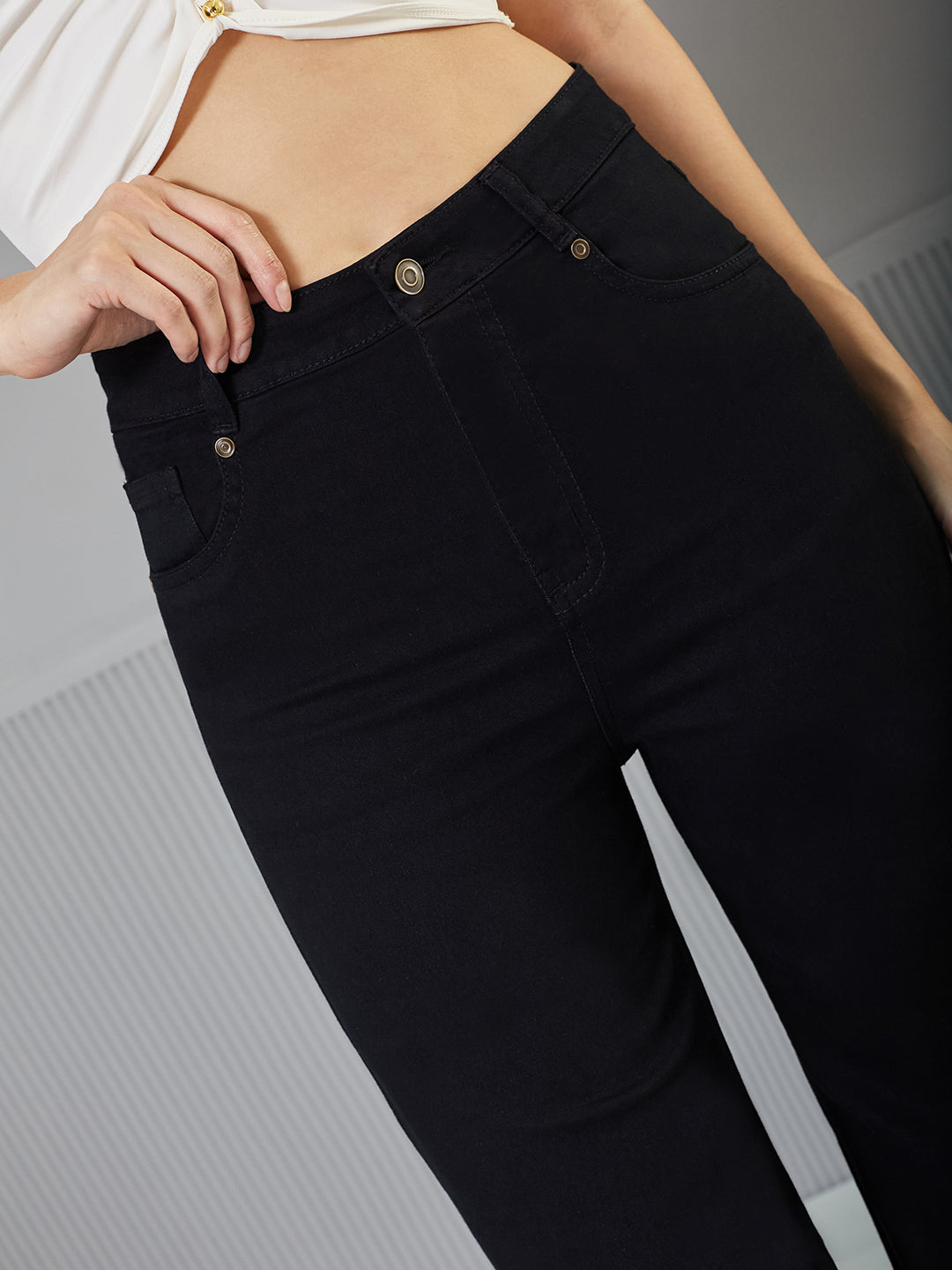 24/7 Comfort Black High-Rise Stretchable Wide-Leg Denim Jeans for Women