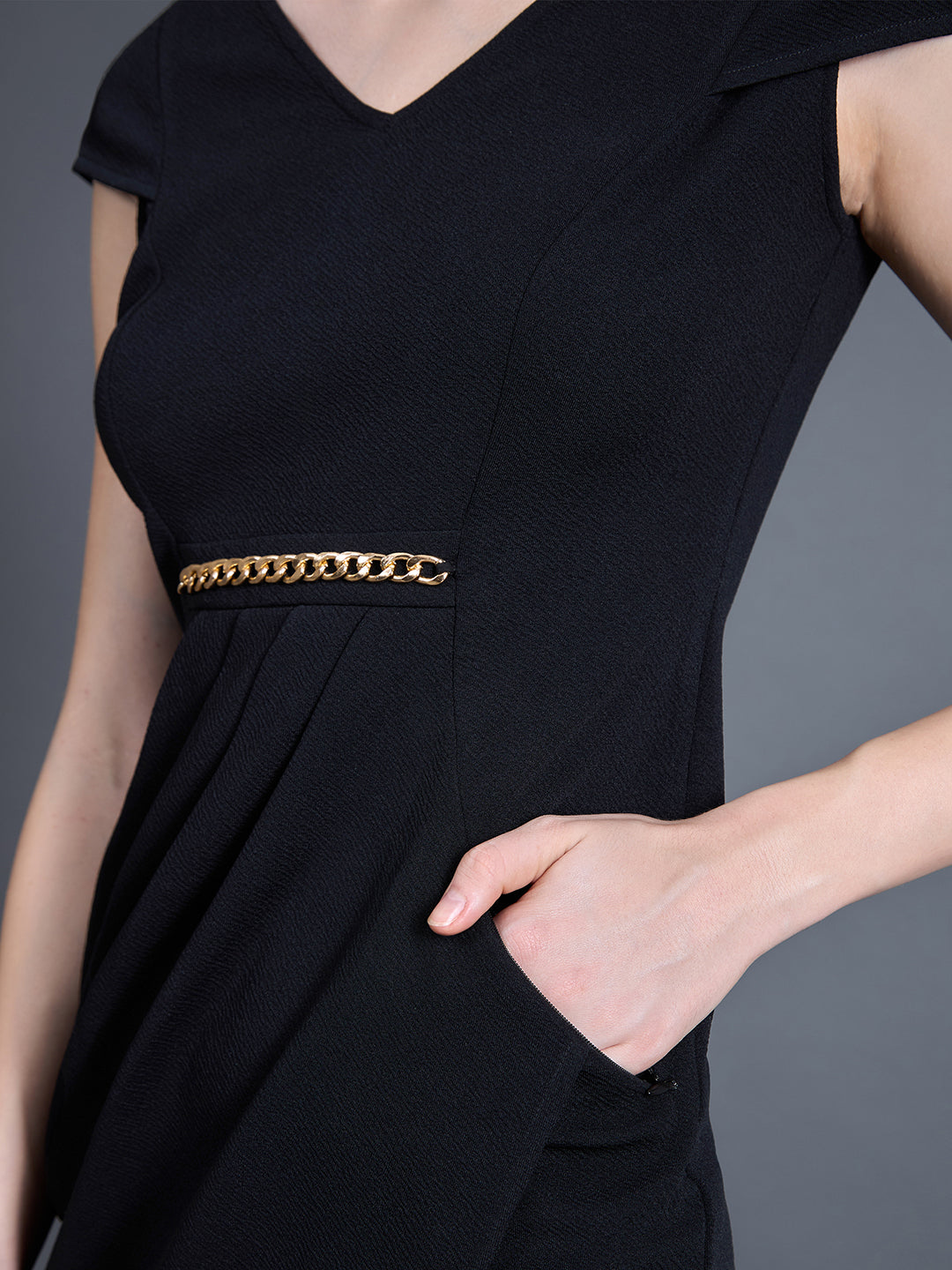 Women's Black Solid V Neck Cap Sleeves Polyester Side Pocketed Knee Long Dress