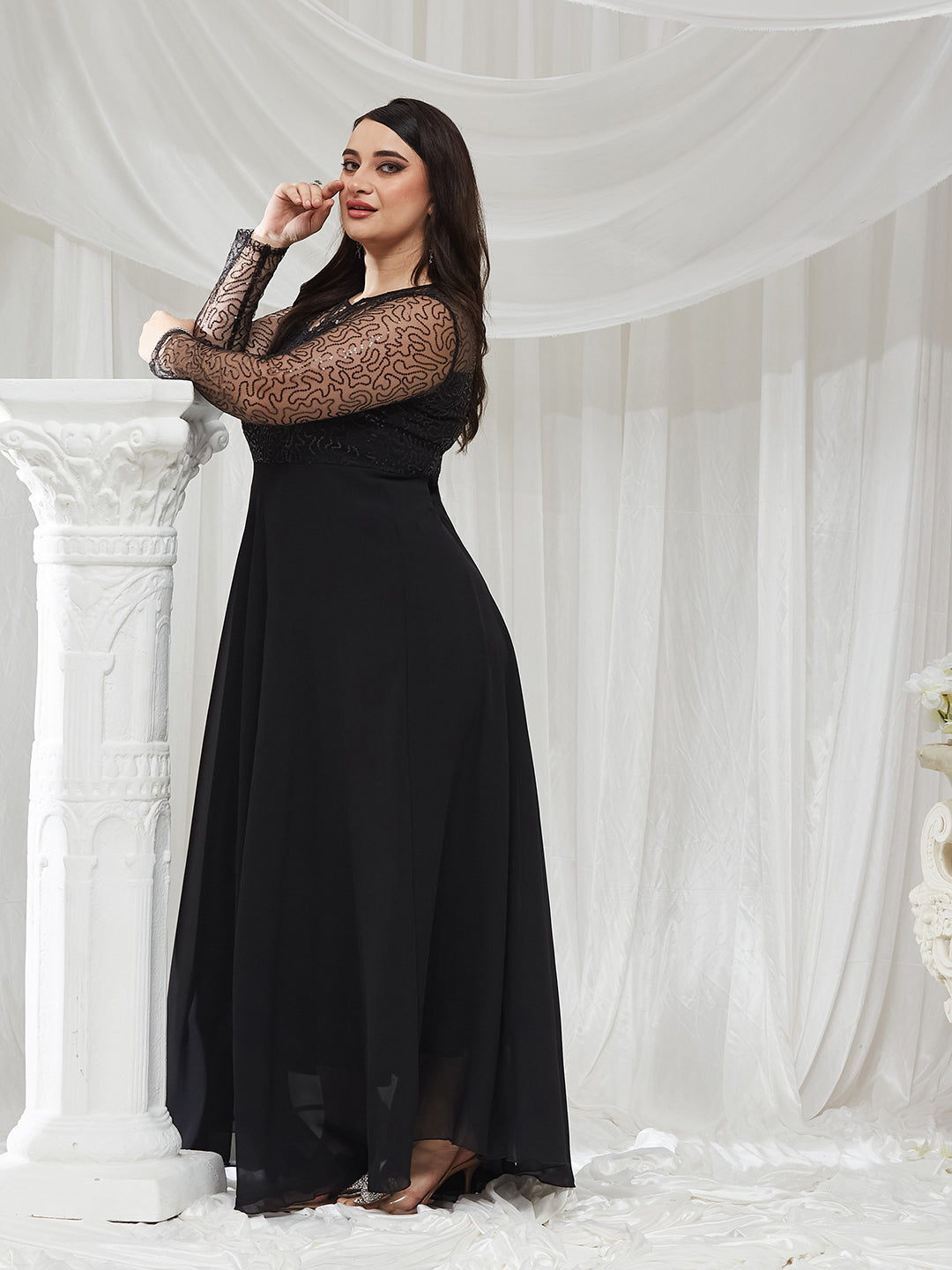 Black Solid Embellished Maxi Dress for Women — Miss Chase A+
