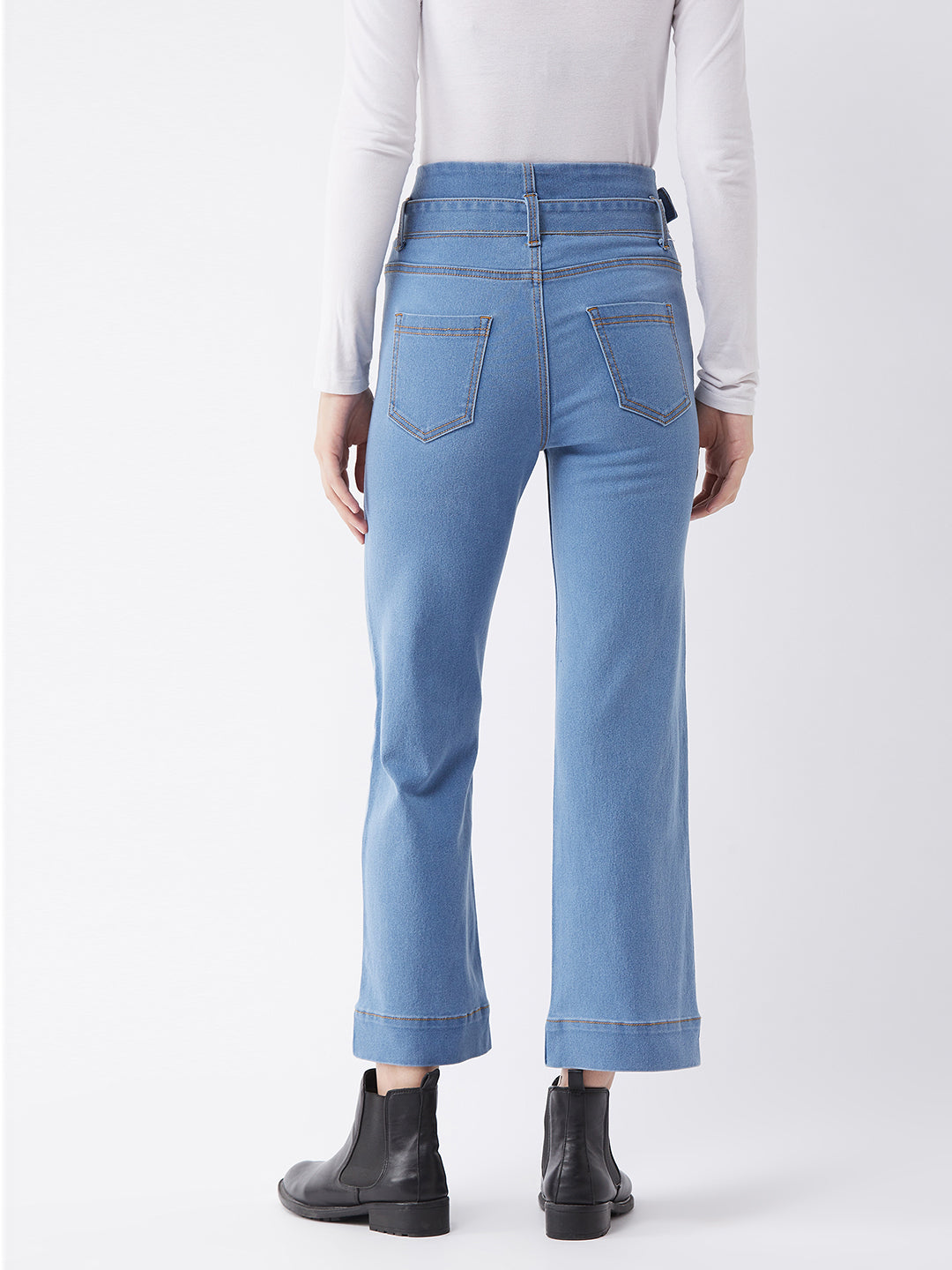 Women's Light Blue flared High-Rise Clean-Look Cropped Stretchable Denim Jeans