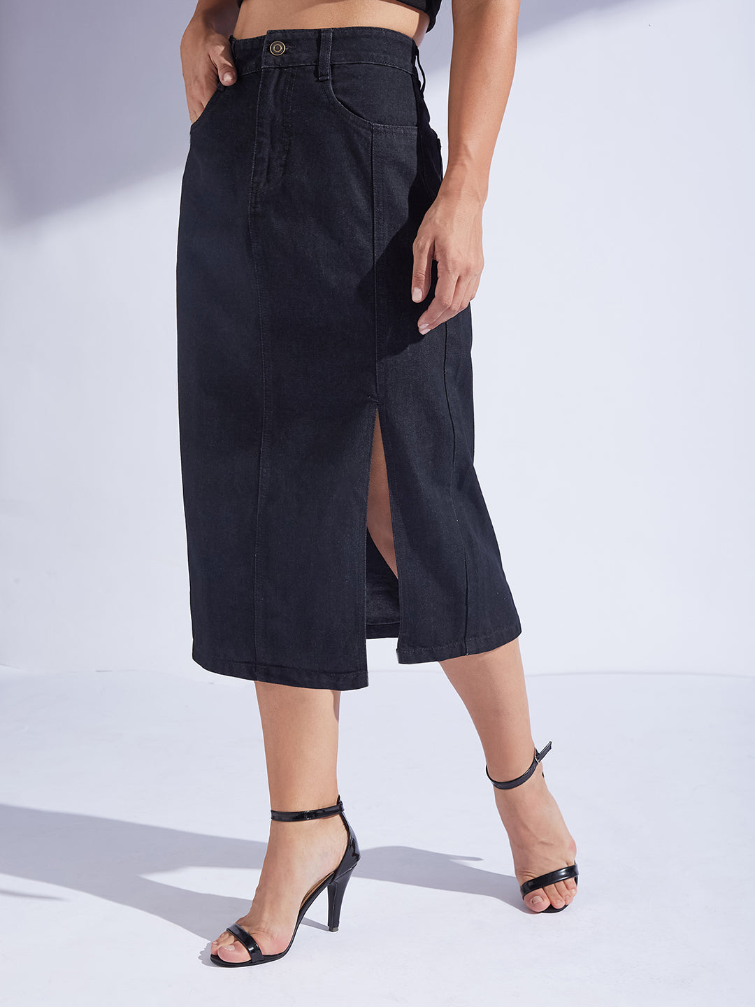 Women's Black Straight-Fit High-Rise Clean-Look Stretchable Denim Midi Skirt