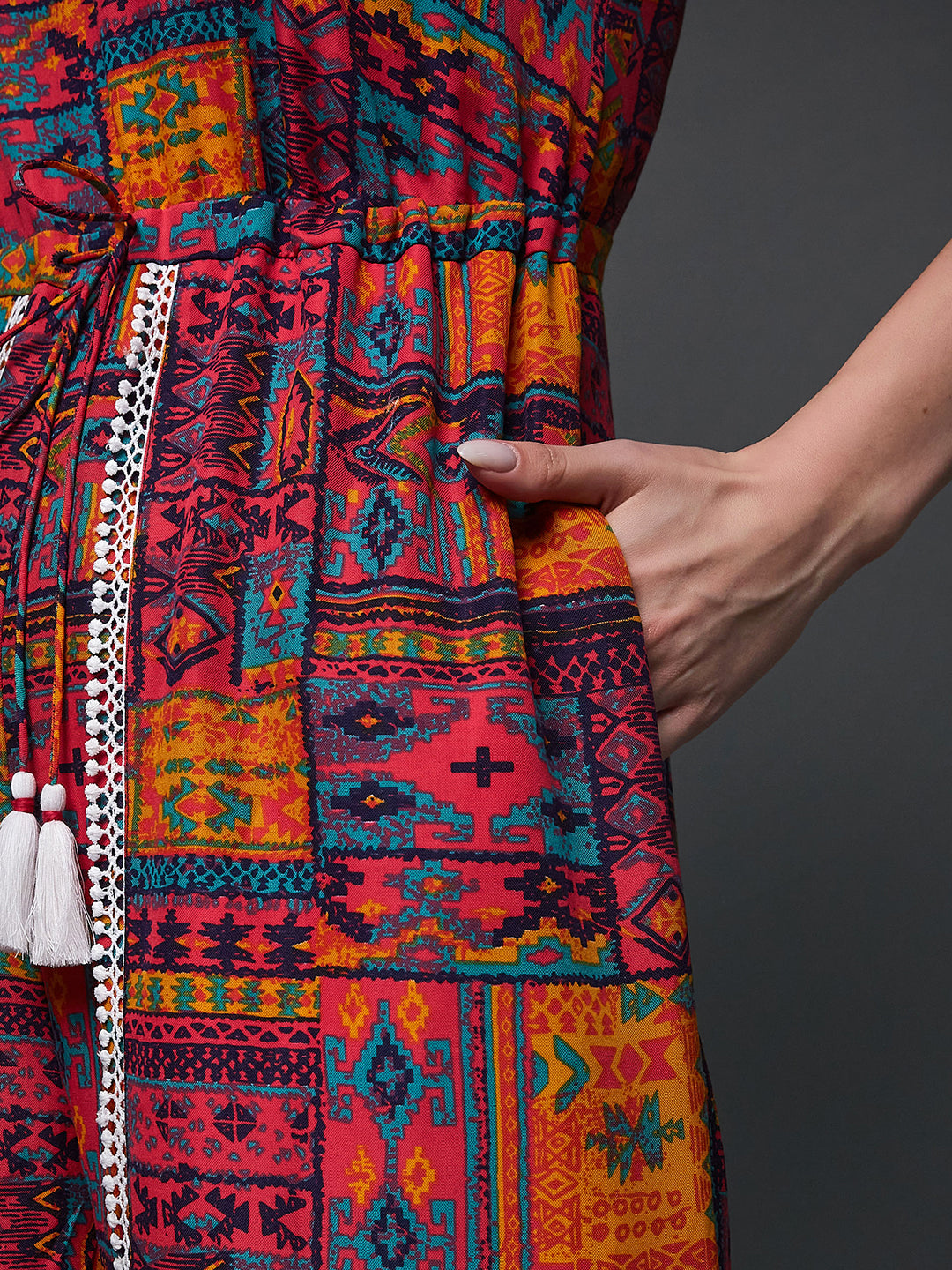 Women's Multicolored Square Neck Sleeveless Abstract Overlapped Regular-Length Rayon Jumpsuit