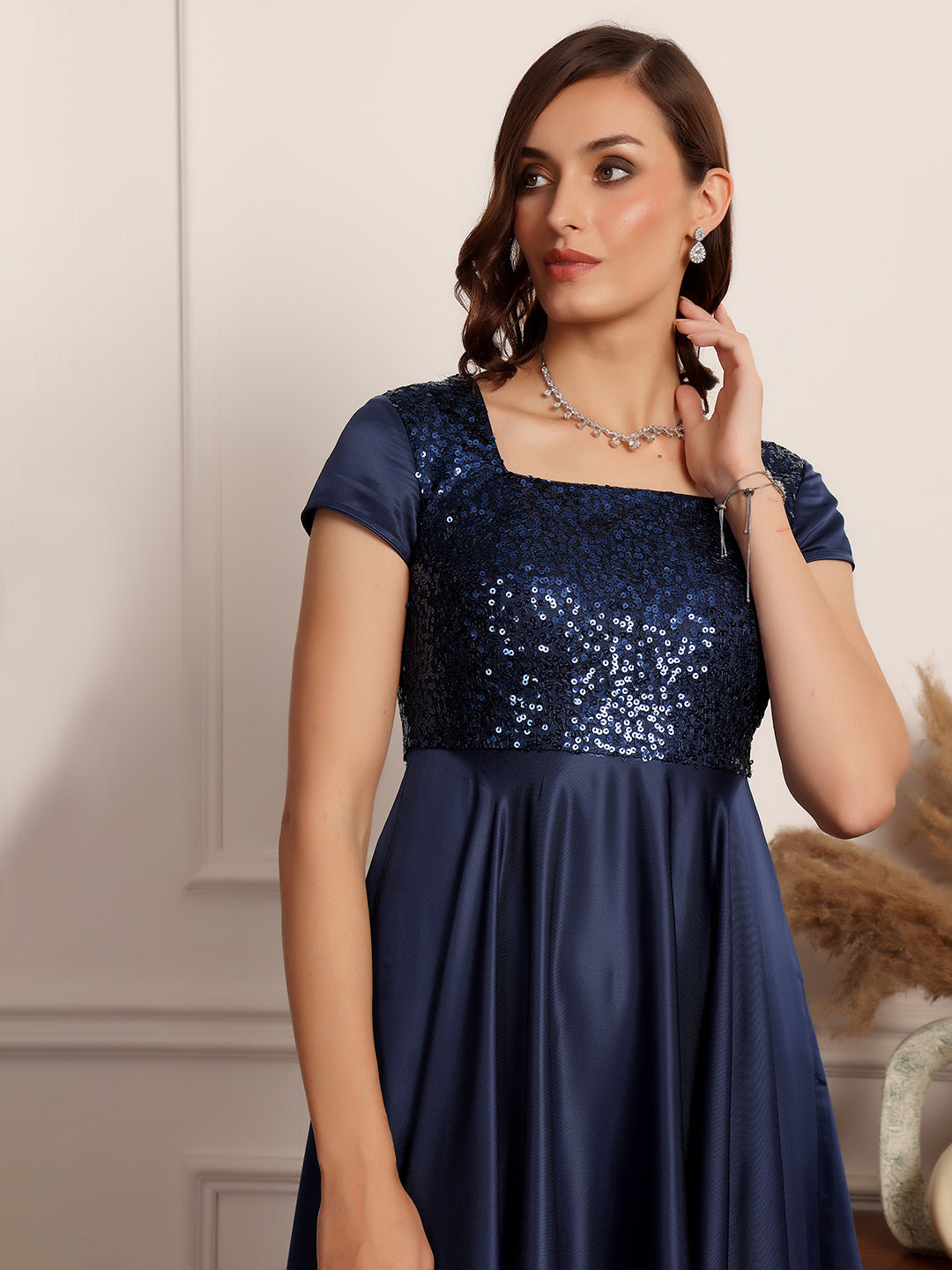 Women's Navy Blue Square Neck Short Sleeve Embellished Fit & Flare Maxi Dress