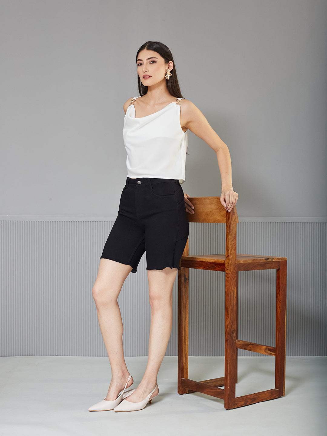 Black Regular High-Rise Above Knee Stretchable Denim Shorts for Women