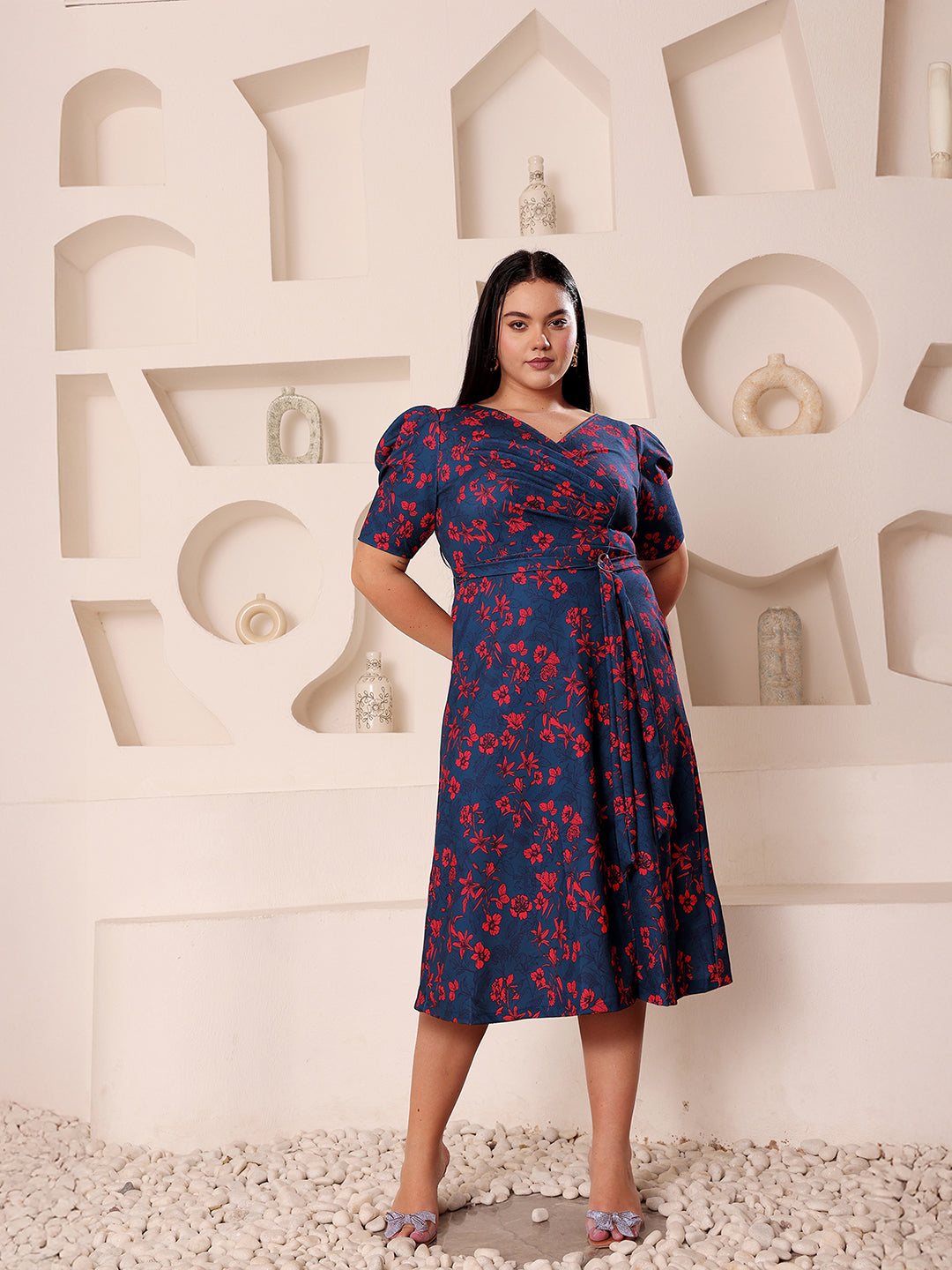Body Bliss Multicolored-Base-Teal V-neck Puff-Sleeves Floral Wrap Midi Dress