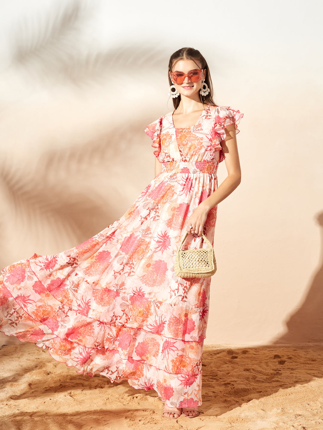 Light Peach Tapered Square Neck Layered Ruffle Floral Ruffled Maxi Chiffon Dress for Women — Miss Chase