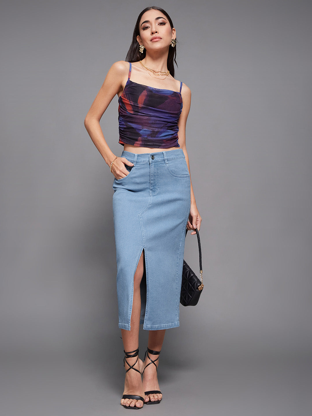 Women's Light Blue Straight-Fit High-Rise Stretchable Denim Midi Skirt