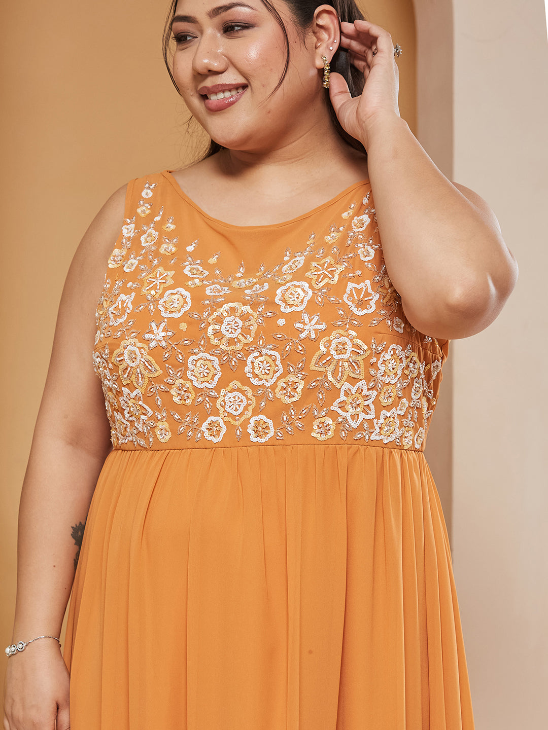 Dusty Orange Boat-Neck-Sleevesless Embroidered Georgette Gathered Maxi Dress for Women