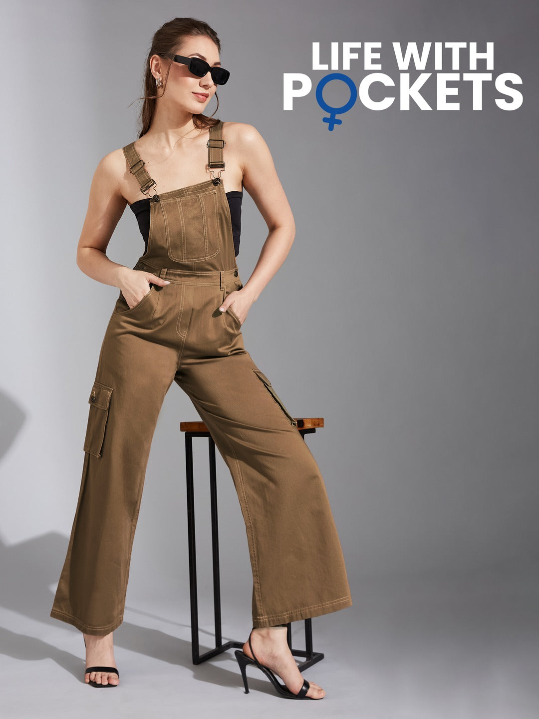 Olive Square Neck Sleeveless Solid Wide-Leg Regular-Length Cotton Dungaree for Women