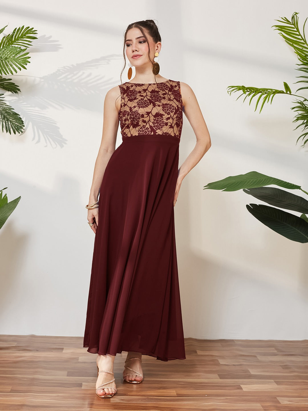 Beige & Wine Round Neck Sleeveless Georgette Floral Lace Fit & Flare Maxi Dress for Women