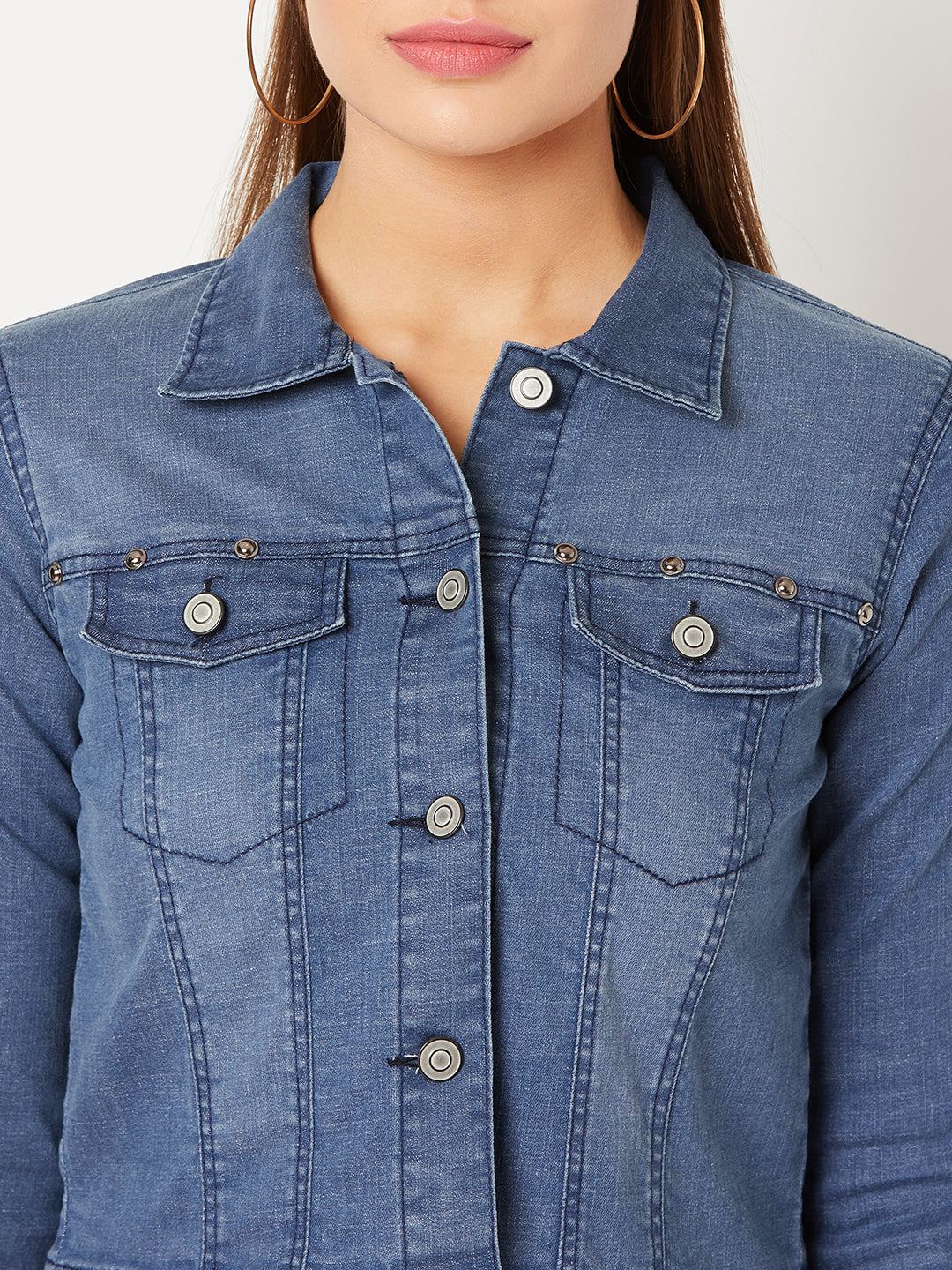 Navy-Blue Solid Polo Neck Full Sleeves Buttoned Denim Embellished Cropped Jacket for Women — Miss Chase