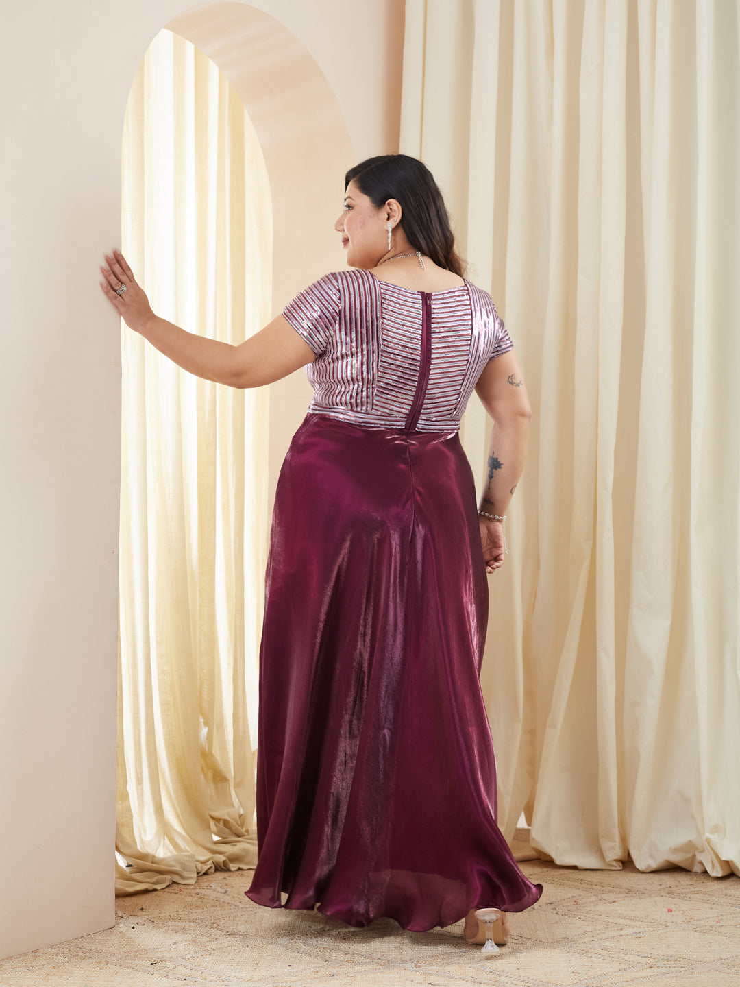 Embellished Dark Purple Gown in Luxe Pleated Satin with Sweetheart Neck for Women