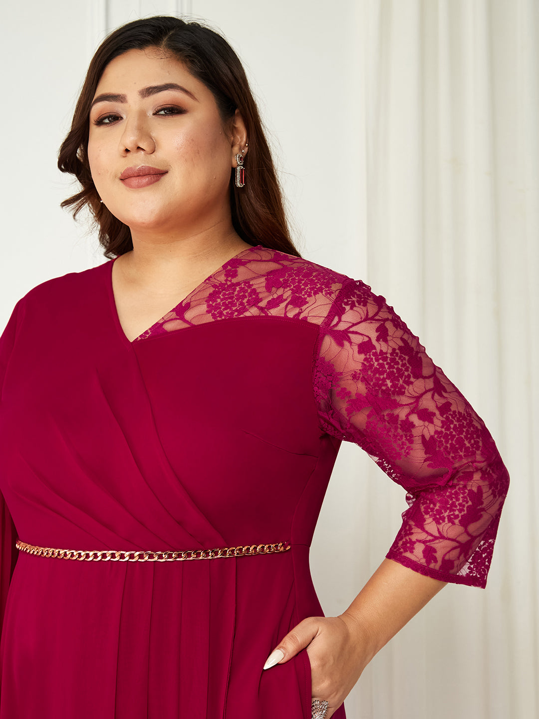 Dark Pink Assymetric Three-Quarter Sleeve Lace Maxi Dress for Women | Mehendi to Sangeet Collection