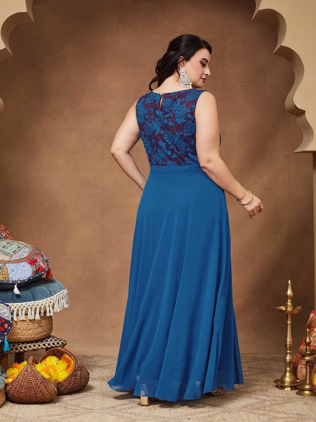 Royal Blue Round Neck Sleeveless Georgette Floral Lace Fit & Flare Maxi Dress for Women — Miss Chase A+