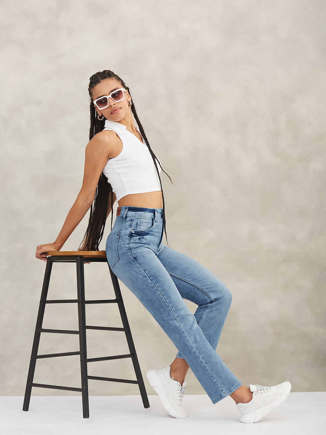 Women's Light Blue Wide-Leg Fit High-Rise Stretchable Denim Jeans