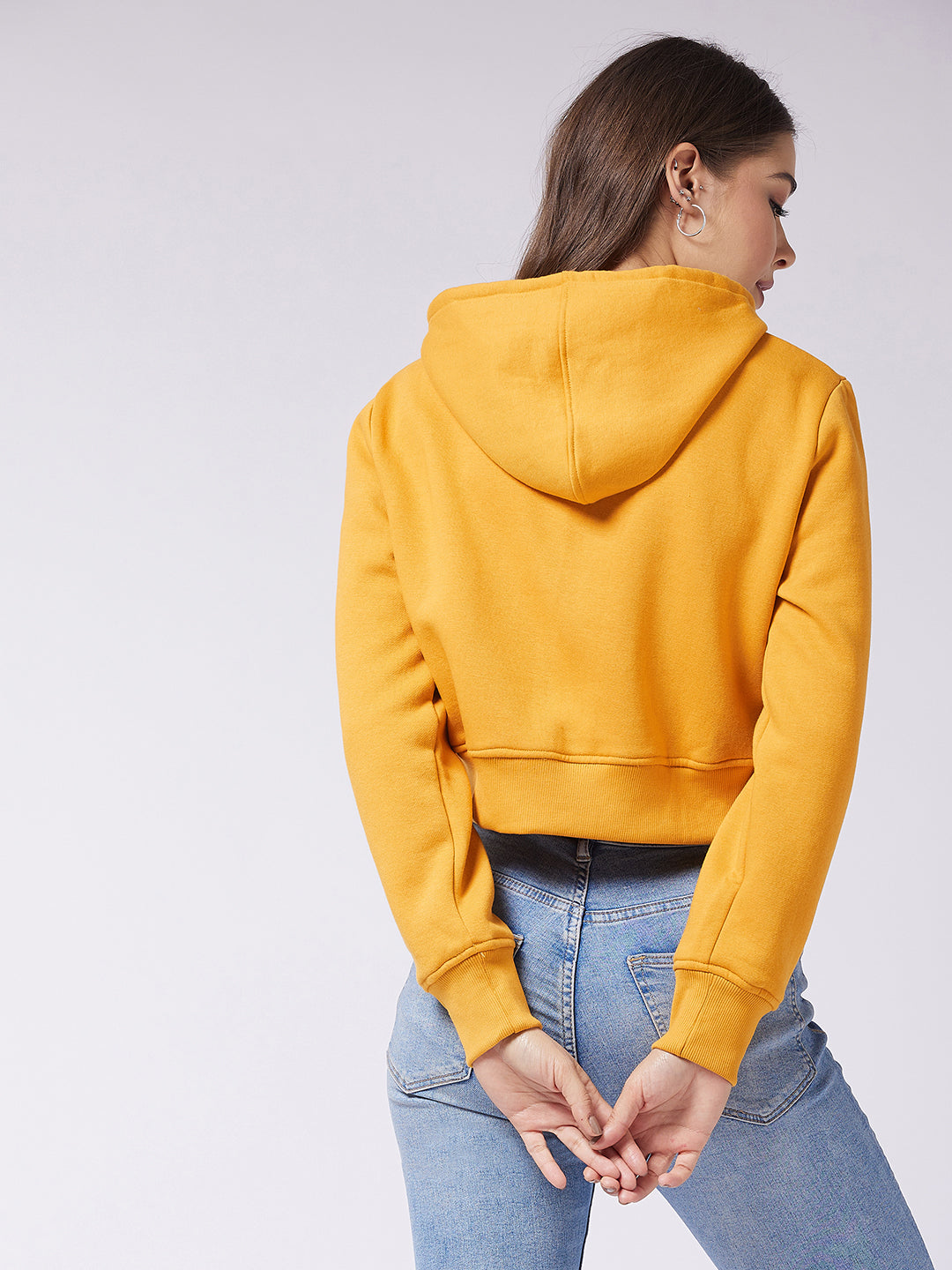 Women's Mustard Round Neck Full Sleeve Solid Crop Sweatshirt