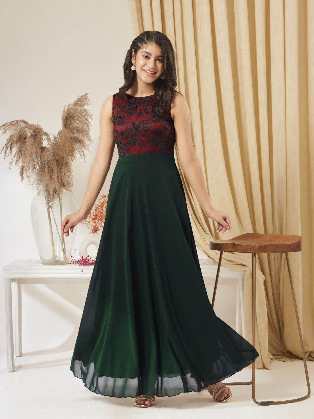 Dark Green Round Neck Sleeveless Georgette Floral Lace Fit & Flare Maxi Dress for Girls/Teenagers