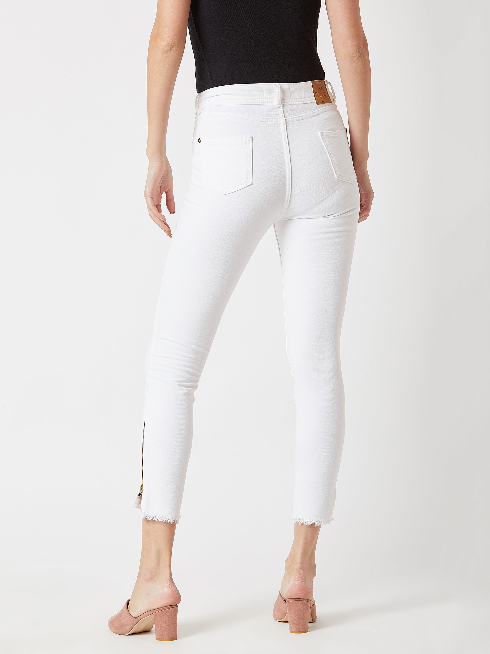Women's White Skinny-Fit High-Rise Side-Slit Raw Edge Cropped Stretchable Denim Jeans