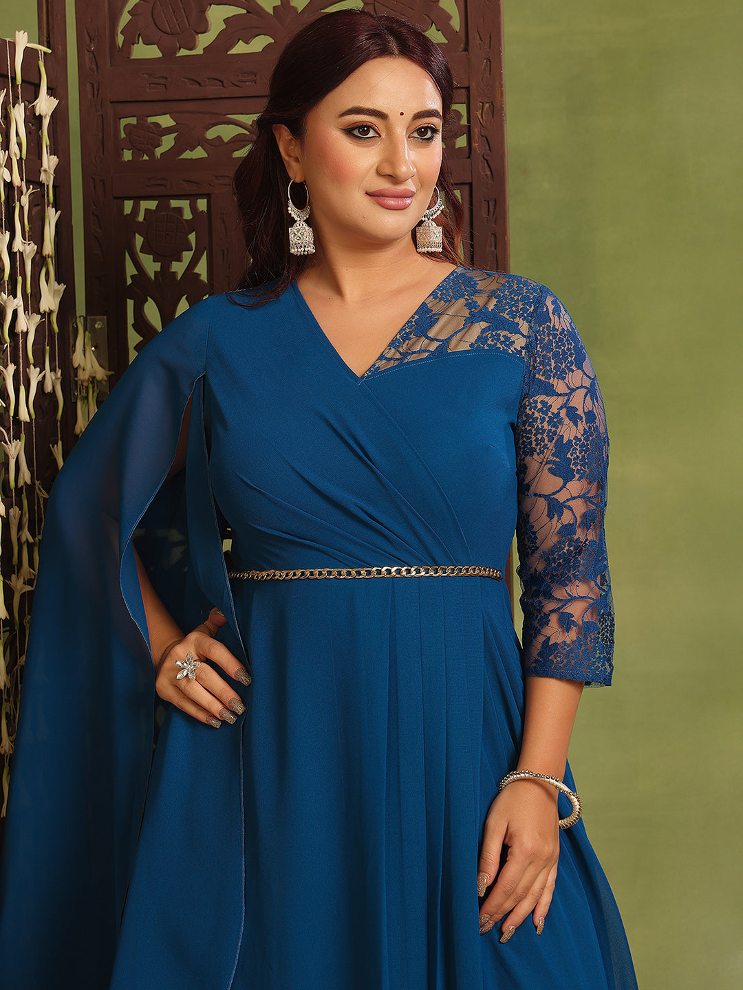 Women's Royal Blue V-Neck Asymmetric Embellished Maxi Georgette Dress