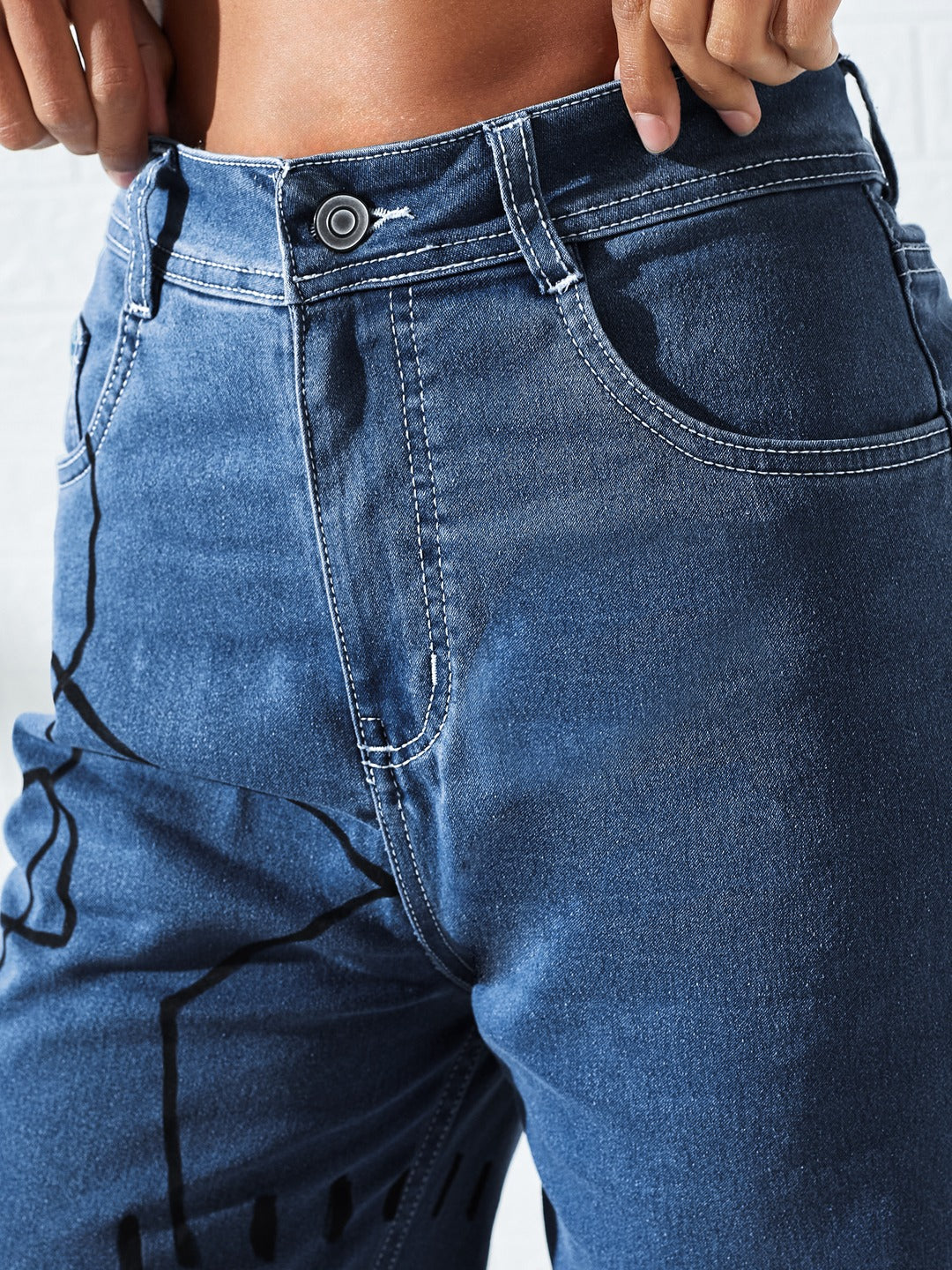 Hand-Painted Blue Wide Leg High-Rise Stretchable Denim Jeans For Women