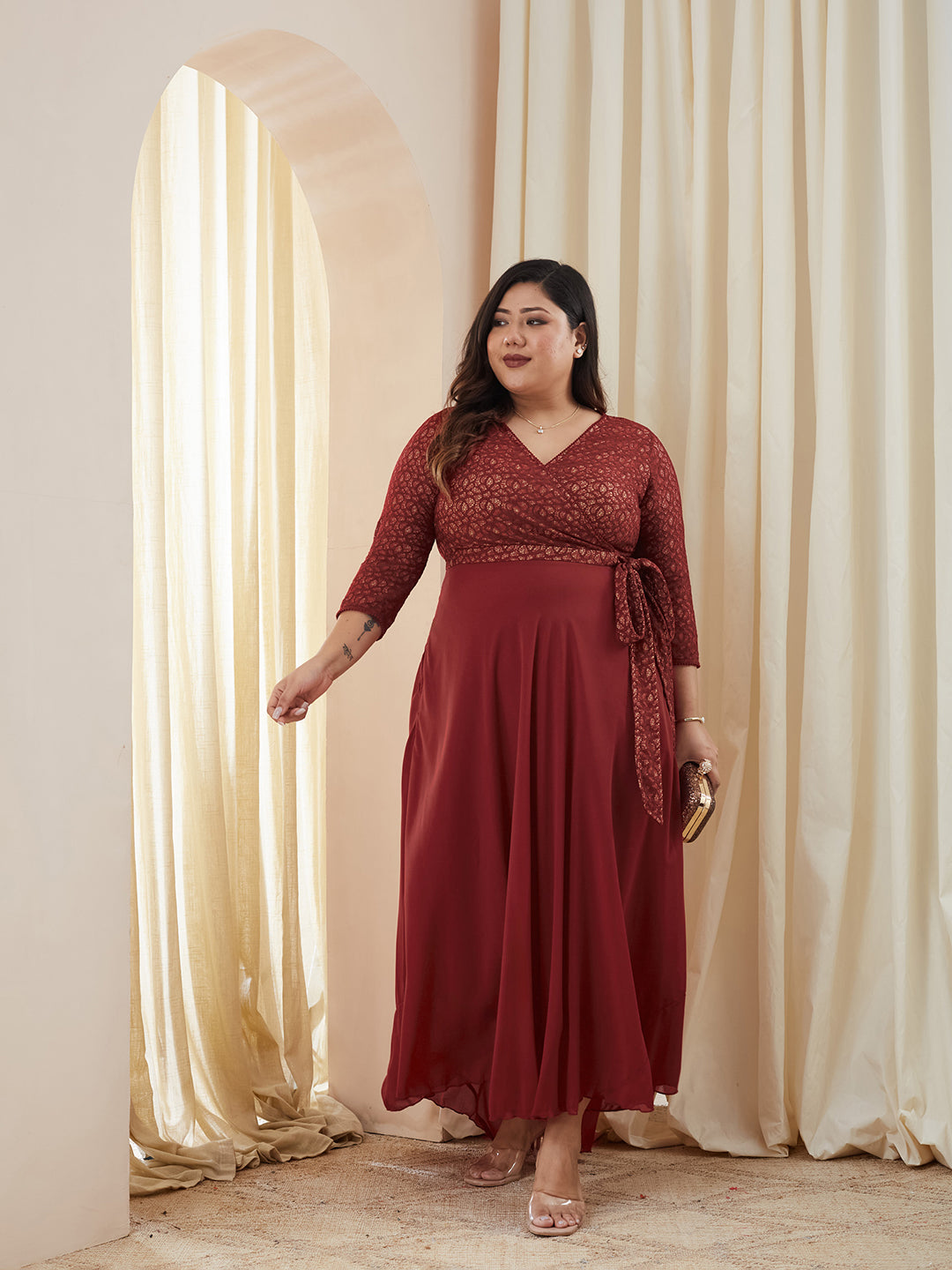 Maroon Floral Printed Relaxed Fit V-Neck 3/4th Sleeve Georgette Maxi Dress for Women — Miss Chase A+