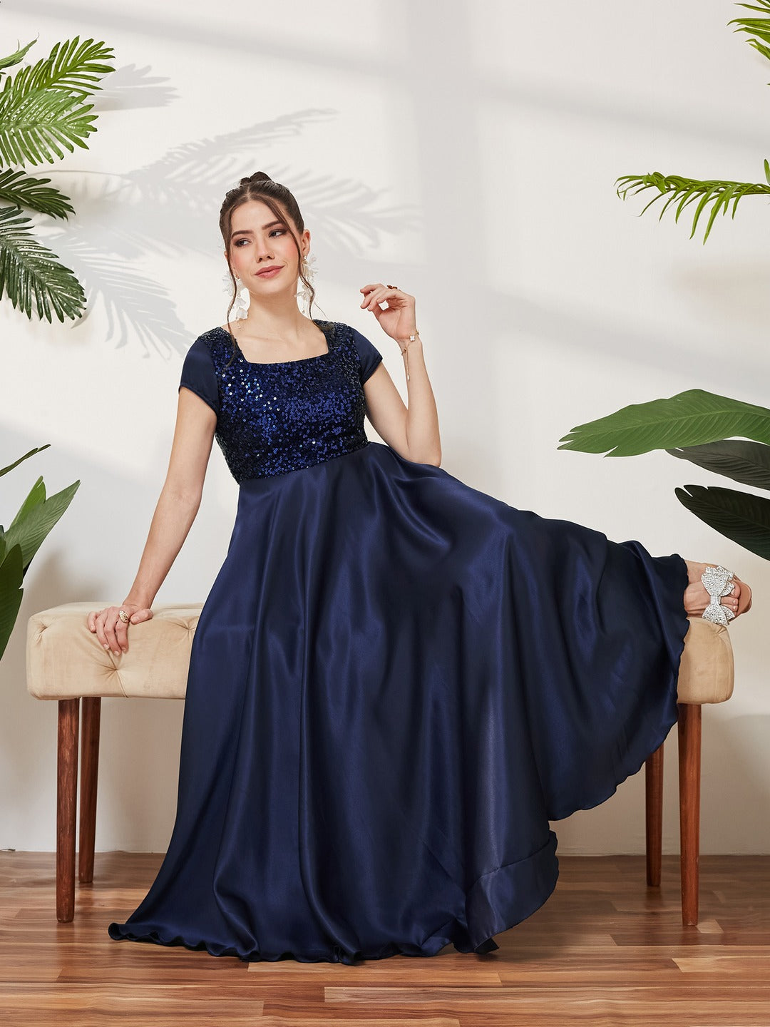 Navy Blue Square Neck Short Sleeve Embellished Polyester Fit & Flare Maxi Dress for Women