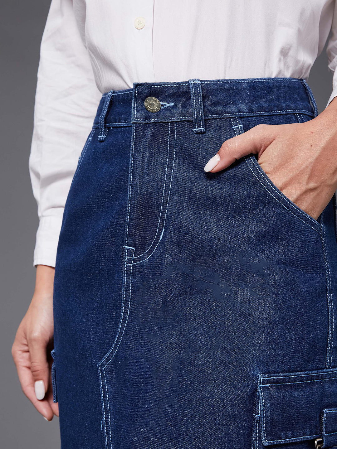 Women's Navy Blue Straight High-Rise Midi Cargo Denim Skirt