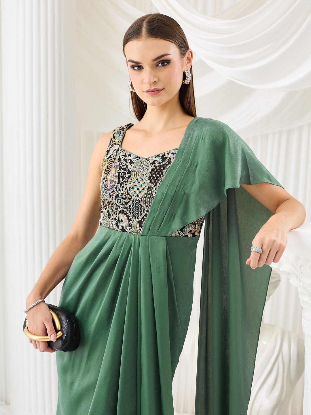 Siege Green Sweetheart Neck Sleeveless Embroidered Pleated Satin Maxi Dress for Women