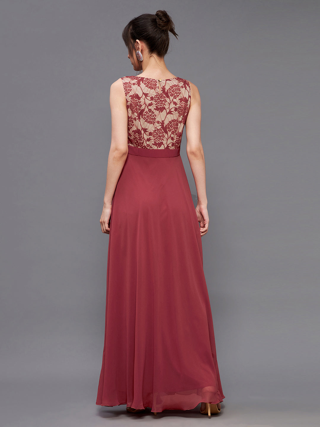 Brick Red & Dusty Green Sleeveless Fit and Flare Lace Dress for Women