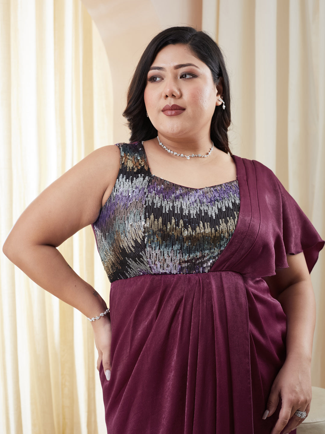 Wine Sweetheart Embellished Gown in Pleated Satin for Women