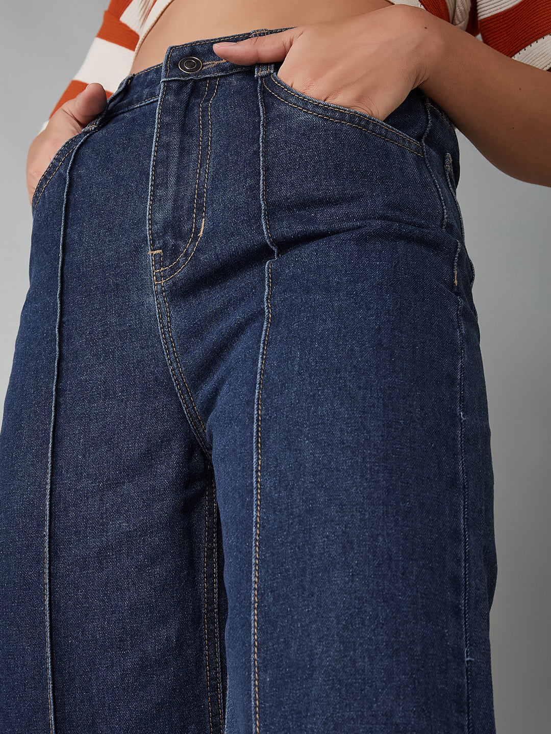 Women's Navy Blue Wide-Leg High-Rise Clean-Look Regular-Length Non-stretchable Denim Jeans