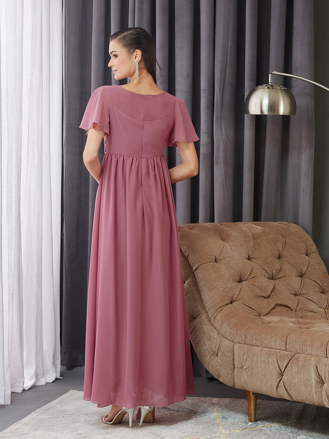 Women's Dusty Lavender Boat Neck Half Sleeve Solid Embellished Georgette Maxi Dress