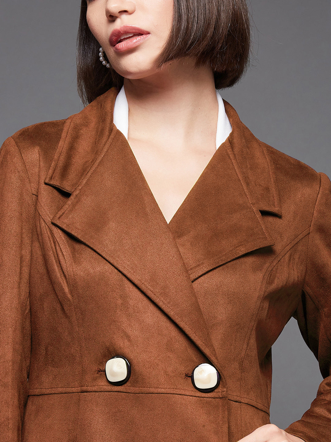 Women's Brown Solid V-Neck Full Sleeves Side Pocketed Polyester Double Breasted Longline Blazer Jacket