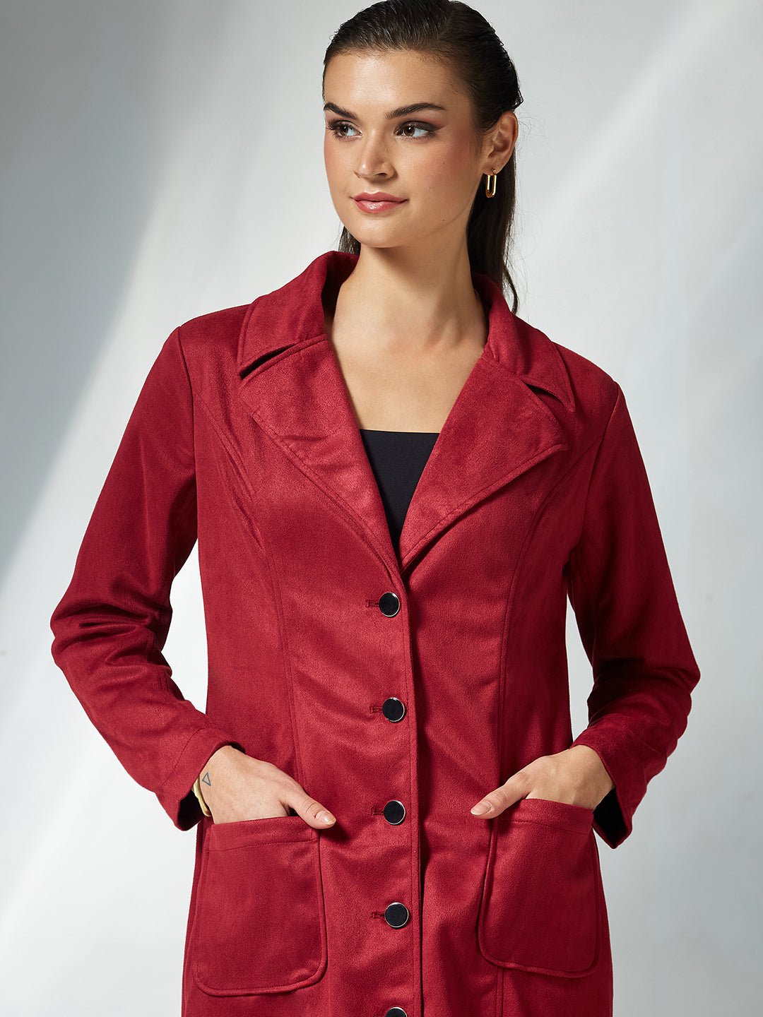 Women's Dark Red Solid V-Neck Full Sleeves Patched Pocketed Polyester Button Down Longline Winter Wear Jacket