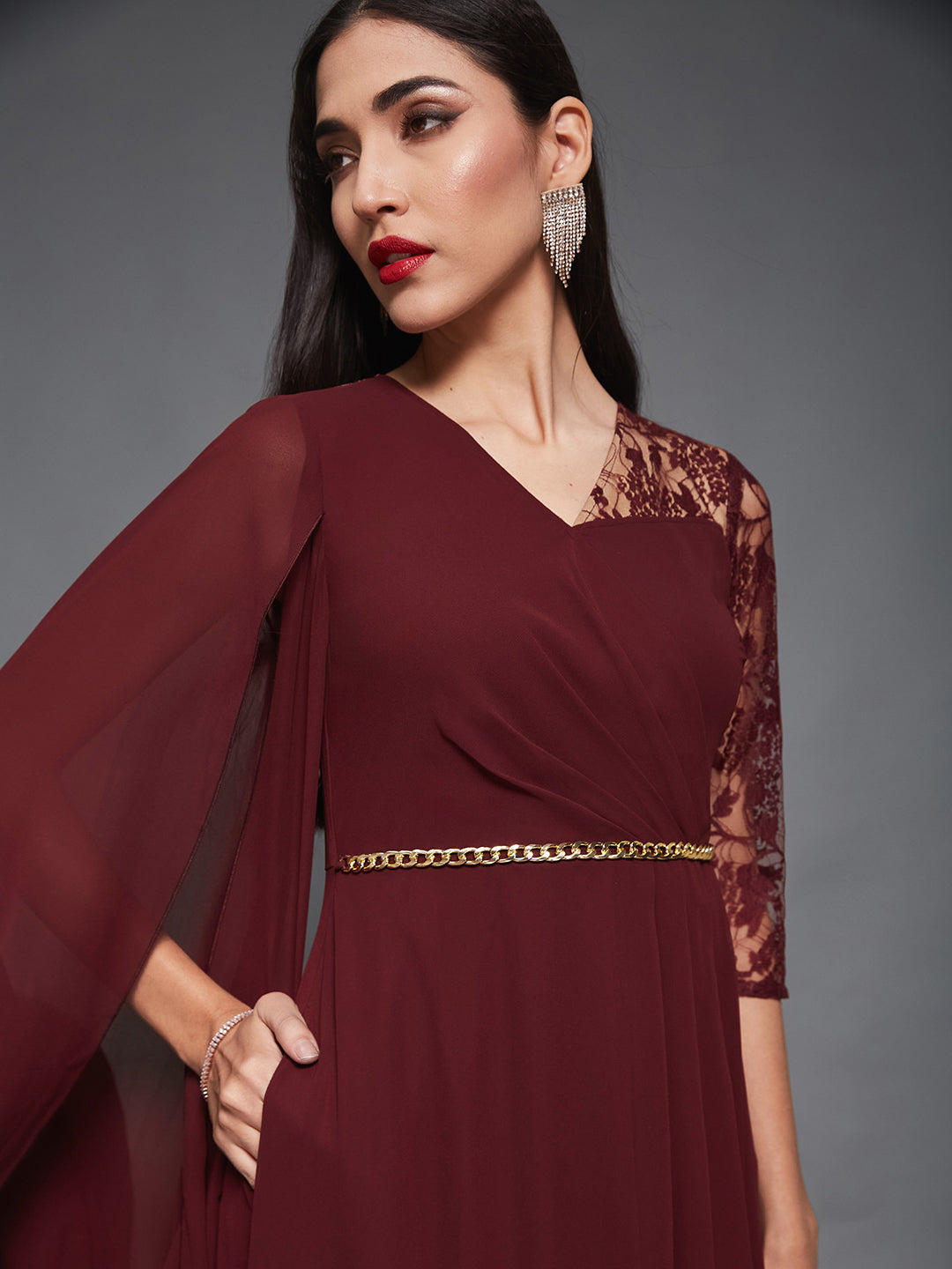 Women's Wine V-Neck 3/4 Sleeve Self-Designed Asymmetric Georgette Maxi Dress