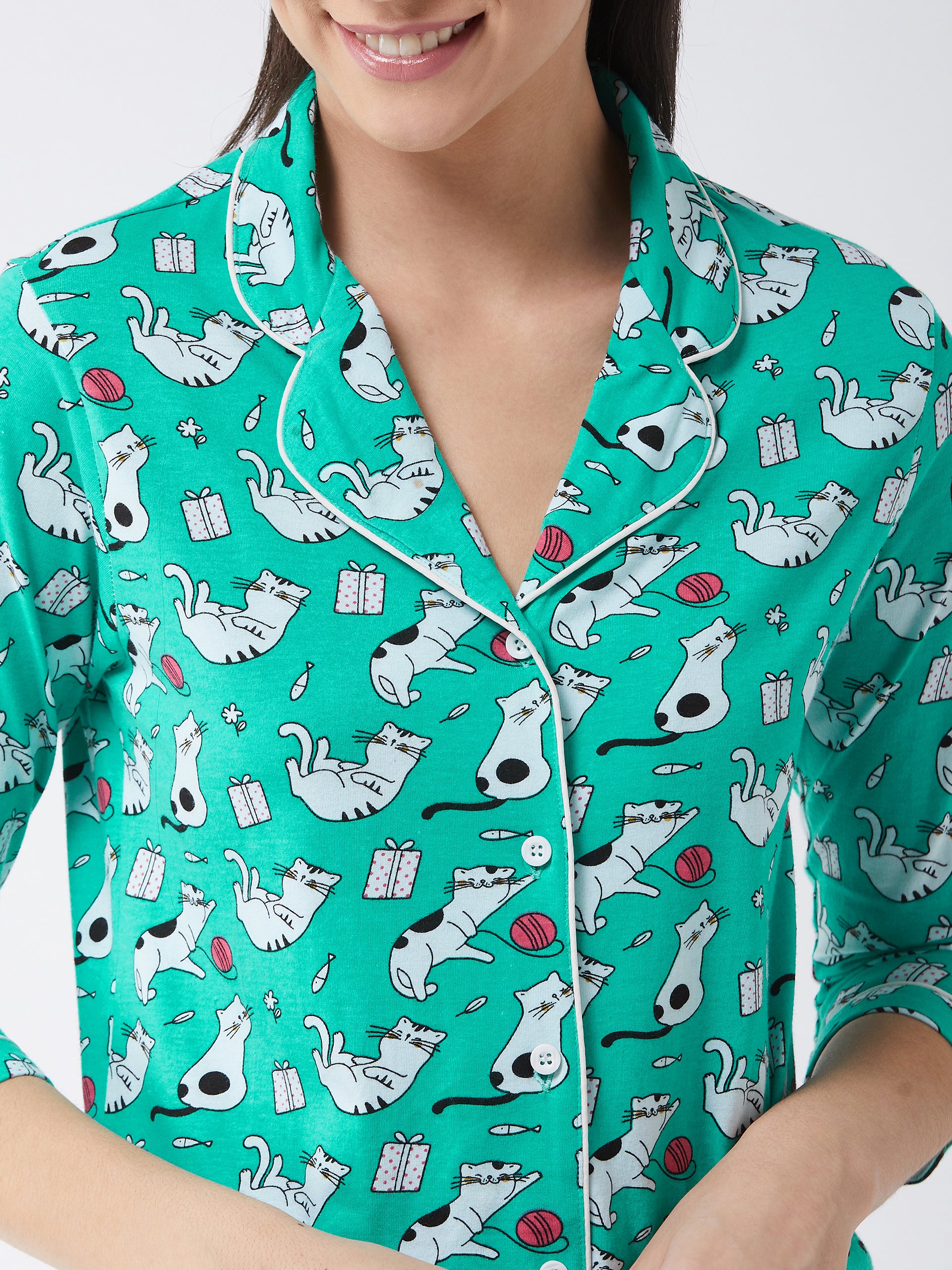 Women's Mint Green Printed Cotton Relaxed Fit Collared 3/4th Sleeve Regular Length Night Suit Set