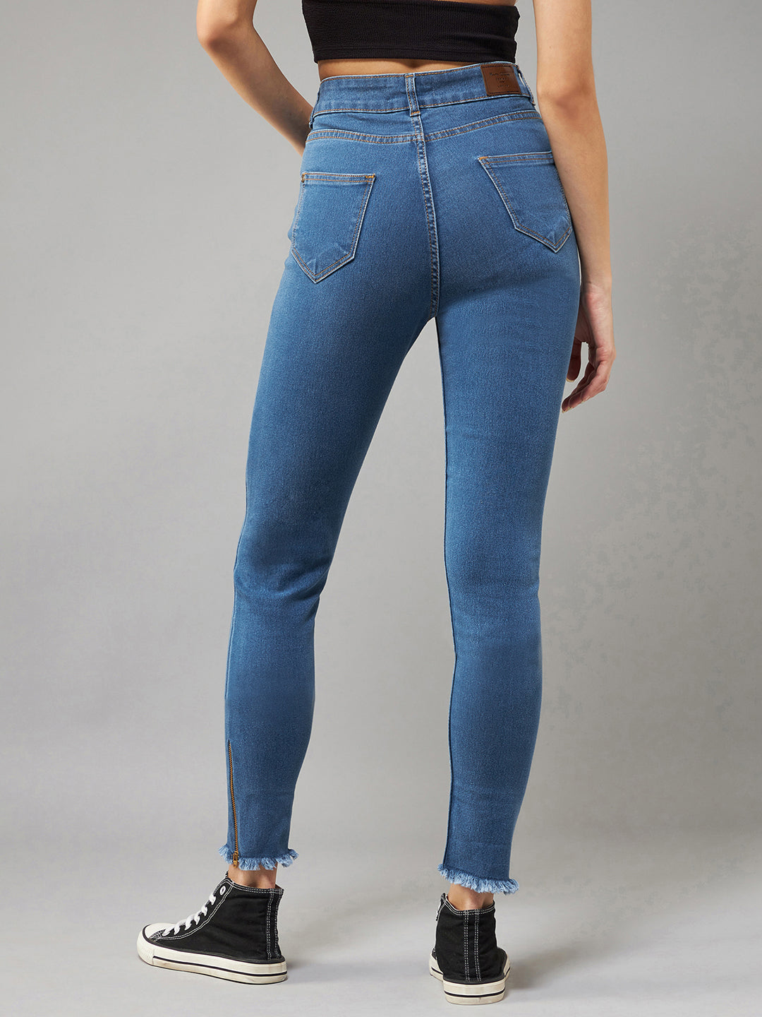 24/7 Comfort Mid-Blue Skinny-Fit High-Rise Clean-Look Fringe And Side Zipper Detailing Cropped Denim Jeans for Women