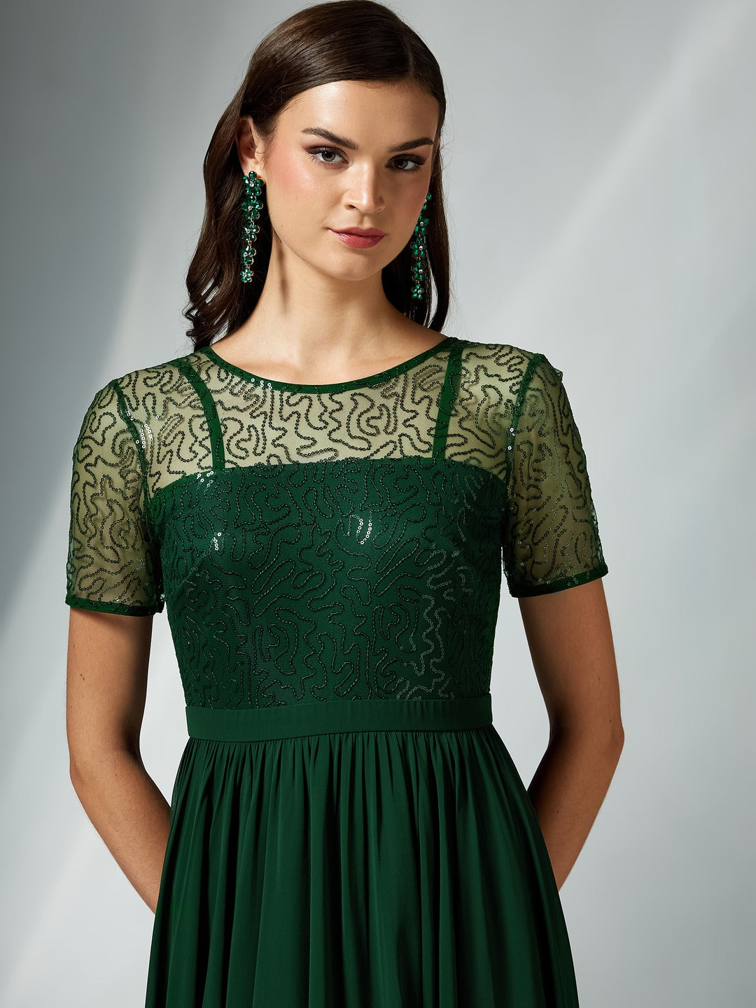 Dark Green Relaxed Fit Maxi Georgette & Sequins Dress for Women