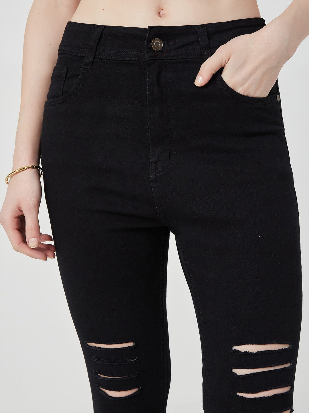 Black Slim Fit high-rise Mild Distressed Ripped Denim Stretchable Jeans for Women