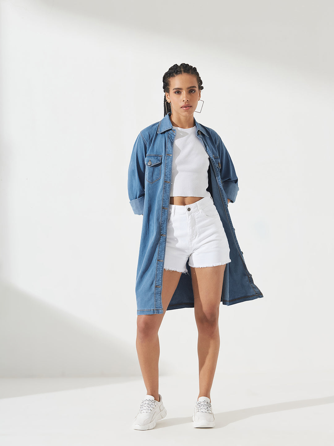 Blue Polo Neck Full Sleeves Denim Knee-Long Shrug for Women