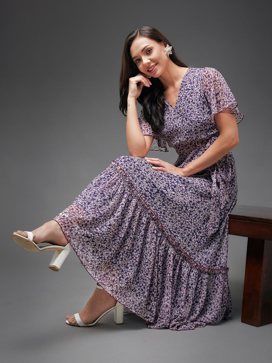 Purple Floral Printed Flutter Sleeves Maxi Dress Long Dress Frock for Women