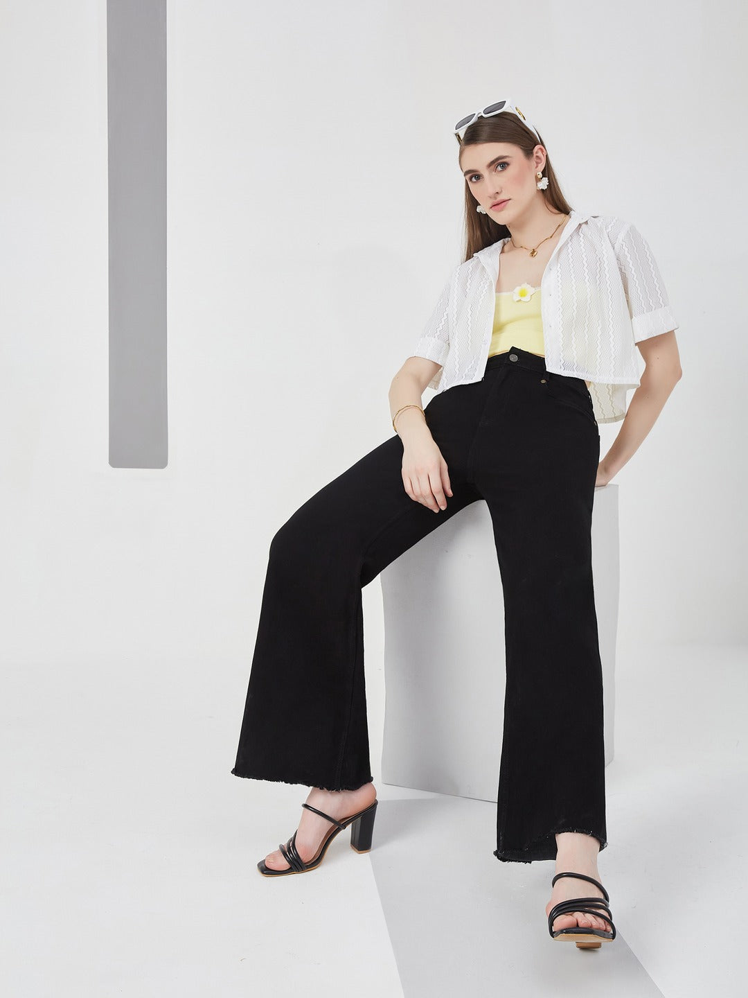 Black high-rise Stretchable Wide Leg Denim Jeans for Women